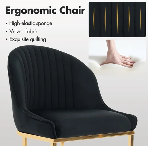 Vista 6 de Hyfirm Juego de 2 sillas de comedor tapizadas de terciopelo negro y dorado, sillas de cocina modernas con acento de barril glamoroso, patas de metal