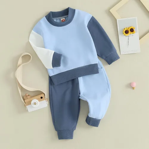 Vista 8 de Thorn Tree Conjunto de sudadera de manga larga para niños pequeños, 2 piezas, para otoño e invierno Conjunto de manga azul y blanco