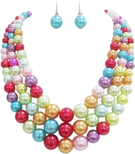 Vista 20 de Rosemarie & Jubalee Conjunto de joyería para mujer con 3 cadenas multicolores de perlas simuladas y aretes, regalo con collar, 45,7 cm + 7,6 cm