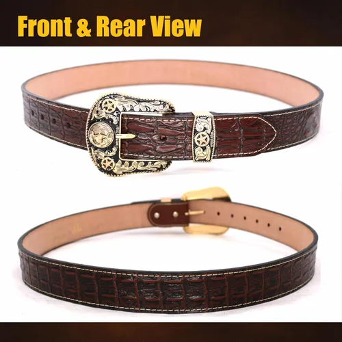 Vista 3 de Western Cowboy - Cinturón de cuero genuino con hebilla grabada, estilo country rodeo para hombre 8052 2cocodrilo Cf