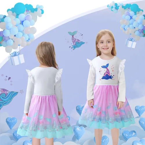 Vista 7 de VASCHY Dress for Girls,Cute Girls Long Sleeve Princess Party Outfit Clothes,ToddlerLittleBig Kid Girls Clothing 2-10T