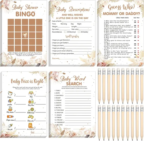 Vista 9 de Yinder 145 tarjetas de actividades para juegos de baby shower con 20 lápices, incluye descripción de bingo para bebés y deseos, adivina quién es