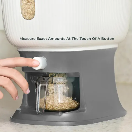 Vista 2 de Dispensador de arroz para encimeras, sella 20 libras de alimentos en tu dispensador pequeño, fuerte y ligero de arroz y cereales, cepillo y taza Gris
