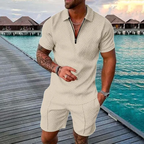 Vista 2 de Conjunto de camisa polo y pantalones cortos para hombre, trajes de verano a la moda, casual, de manga corta, traje deportivo para hombre, 2 piezas