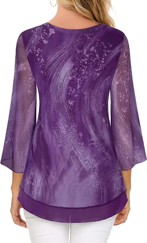 Vista 4 de Timeson Blusas florales de manga 34 para mujer, camisas de doble capa con cuello en V, túnica elegante