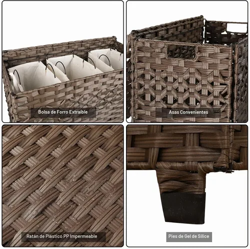 Vista 4 de OIAHOMY Cesta de lavandería con tapa, cesta de ropa de 140 litros con 3 bolsas extraíbles con forro, cesta plegable con tapa, cesta de mimbre Marrón