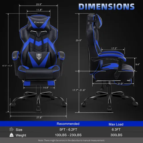 Vista 3 de Vonesse Silla para videojuegos, silla de juegos de respaldo alto con reposapiés y masaje, sillas de juegos para adultos con cojín de resorte