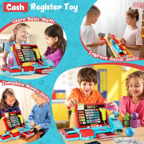 Vista 5 de maysida 52 PIEZAS Caja Registradora de Juguete para Niños con Sonido Música/Escáner/Micrófono/Tarjeta de Crédito/Dinero de Juego, Juguete