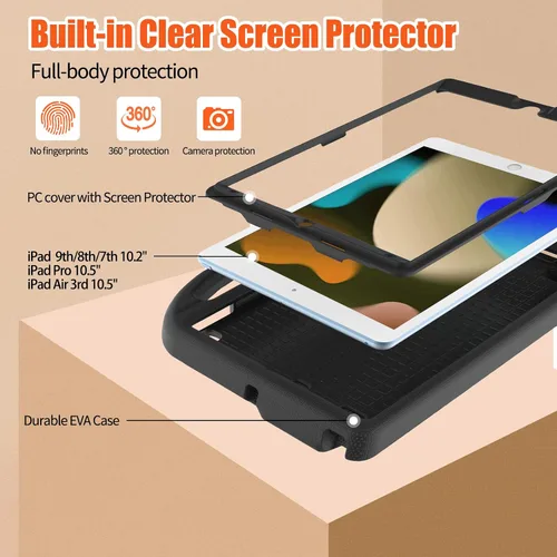 Vista 3 de Funda para niños para iPad 10.2 y 10.5, iPad de 9ª/8ª/7ª generación de 10.2 pulgadas 2021 2020 2019 con protector de pantalla, iPad Air 3ª Negro