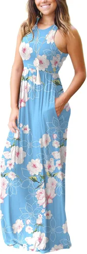 Vista 3 de Grecerelle - Vestido largo sin mangas para mujer, con estampado floral y espalda cruzada, informal, con bolsillos