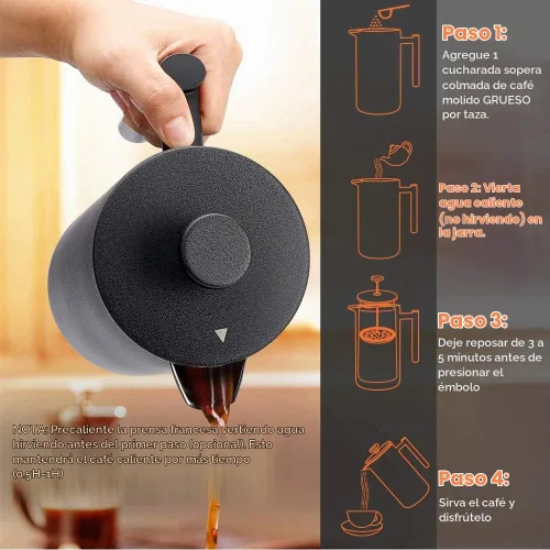 Vista 2 de Secura - Cafetera de prensa francesa de acero inoxidable 304 con 2 filtros adicionales Negro
