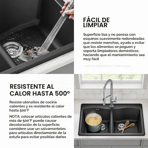 Vista 6 de Kraus Forteza - Fregadero de cocina de doble seno 50/50 de granito de instalación empotrada/sobre encimera, 33 pulgadas, color negro (KGD-52BLACK)