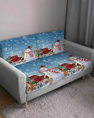 Vista 3 de Blue Snowman Christmas Couch Cushion Covers, Stretch Sofa Cover with Elastic Bottom, Xmas Tree Truck Winter Snowflake Sofa Slipcovers Protector