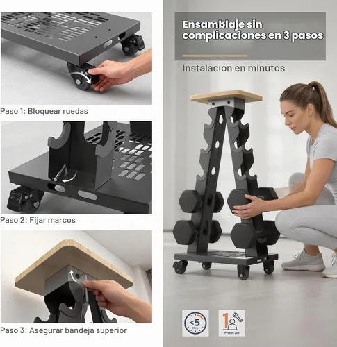Vista 5 de Estante vertical para mancuernas, estante de peso de 5 niveles, ruedas, capacidad de 300 libras