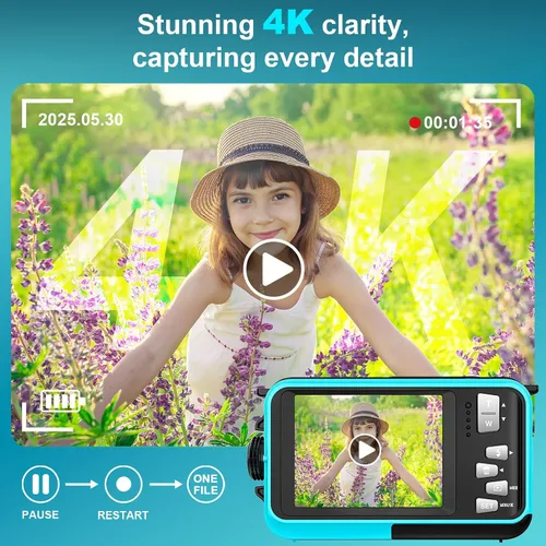 Vista 2 de Cámara subacuática 4K de 64 megapíxeles de enfoque automático de 16 pies, cámara impermeable de doble pantalla, selfie 16X, cámara subacuática