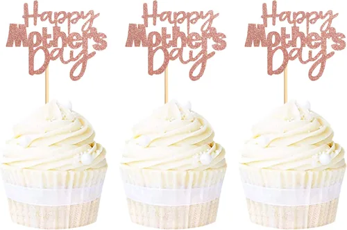 Vista 15 de Ercaido - Paquete de 48 adornos para cupcakes para el Día de la Madre con purpurina de oro rosa con purpurina para el Día de la Madre para la mejor