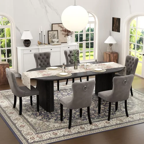 Vista 15 de Juego de mesa de comedor ovalada extensible con 4 sillas tapizadas de terciopelo de alta gama, mesa de cocina de 59 a 91 pulgadas y sillas