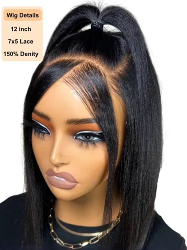 Vista 3 de UNICE Yaki Peluca Bob Recta de Cabello Humano con Cordón Adiós Nudos Sin Pegamento 7x5 Pelucas Frontales de Encaje de Cabello Humano Pre Desplumadas