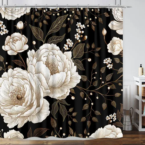Vista 30 de Cortina de ducha de mariposa floral negra y dorada, cortina de ducha bohemia con diseño botánico de flores oscuras para baño con gancho, juego