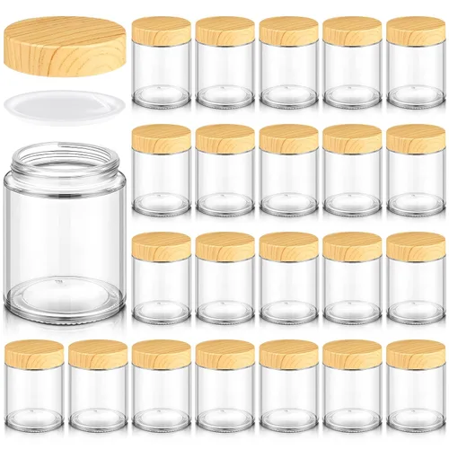 Vista 13 de Norme 120 tarros de vidrio de 4 onzas con tapas, recipientes de vidrio vacíos con tapas de grano de madera y revestimientos interiores