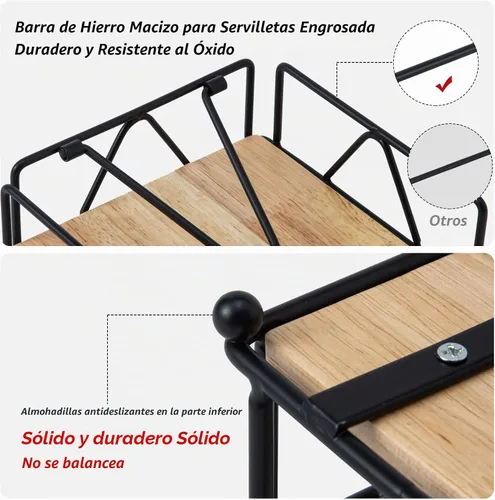 Vista 3 de Servilletero cuadrado – Dispensador de servilletas de mesa duradero con brazo pesado, almacenamiento de servilletas de metal con base de madera