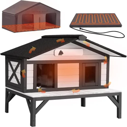 Vista 8 de GUTINNEEN Casa Grande para Gatos al Aire Libre Resistente a la Intemperie con Puertas de Escape, Madera Maciza Aislada Más Gruesa, Porche Grande