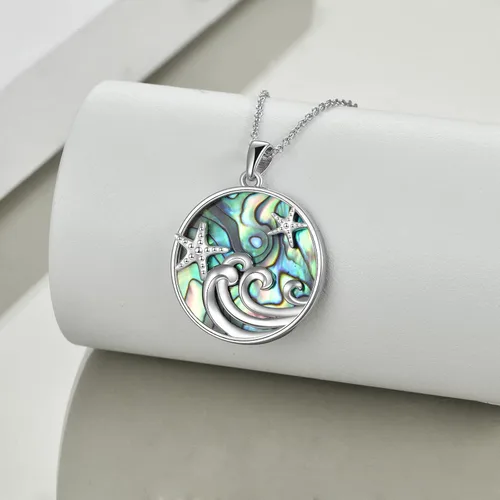 Vista 4 de CRMAD Collar de playa oceánica para mujer, plata de ley, estrellas de mar con ondas de mar, regalos de joyería