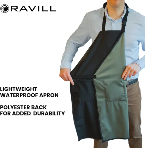Vista 6 de Ravill Delantal impermeable para hombres y mujeres, 2 bolsillos, 35 pulgadas de largo, delantales de trabajo multiusos para lavavajillas, aseo