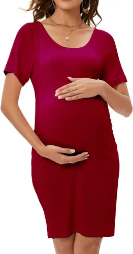 Vista 2 de ZIUMUDY Vestido ajustado de maternidad fruncido con cuello redondo y manga corta para baby shower, embarazo, vestido casual