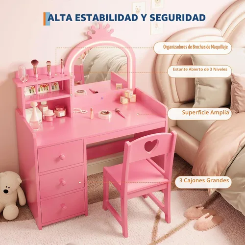 Vista 2 de Juego de mesa y silla para niños con espejo de luz y 3 cajones Rosa
