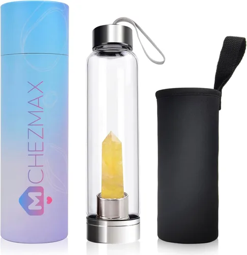 Vista 9 de ChezMax Botella de agua en cristal con centro de cristal natural intercambiable 18.6Oz, Natural Quartz Gemstone, Juice Container with Lid Sleeve