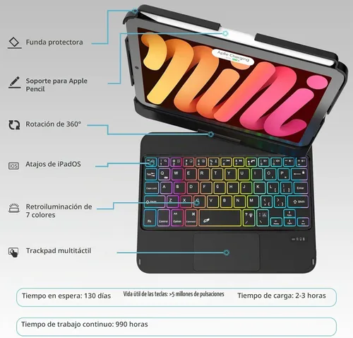 Vista 3 de TaIYanG Funda de teclado para iPad mini 7 A17 Pro 2024 y Mini 6, funda de teclado con trackpad retroiluminado de 7 colores para iPad mini 6ª