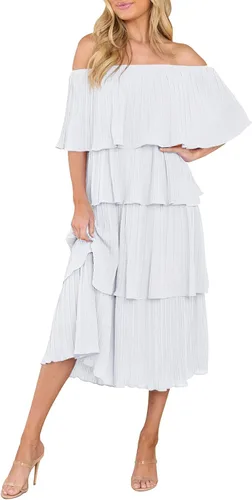 Vista 2 de Wenrine Vestido de verano para mujer, con hombros descubiertos, escalonados, largo, con volantes, en capas, elegante, vestido de graduación