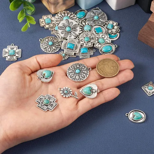 Vista 6 de 30 dijes de turquesa de 15 estilos occidentales, estilo tibetano, vintage, grandes, colgantes, retro, flores, cruz, piedra bohemia, para vaquera