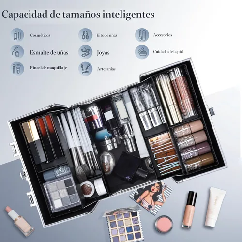 Vista 3 de FRENESSA Estuche de Tren para Maquillaje, Caja Organizadora de Cosméticos Portátil con Candado, Estuche de Viaje para Maquillaje con 4 Bandejas