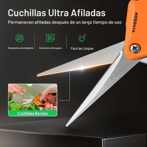 Vista 6 de Podadora manual VIVOSUN, para jardinería, con cuchillas rectas de acero inoxidable, Anaranjado