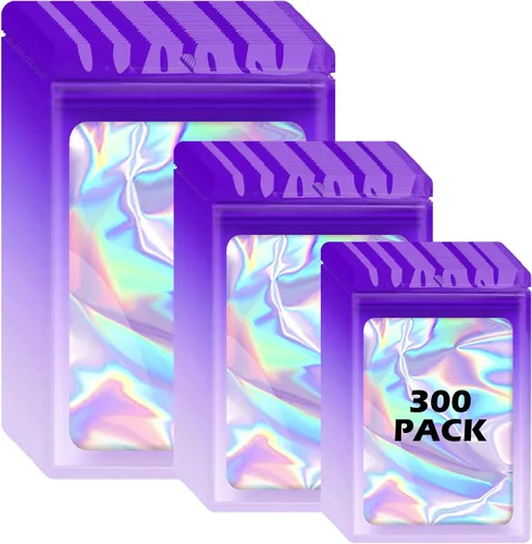 Vista 16 de 300 bolsas holográficas de mylar, 3 tamaños, bolsas a prueba de olores con ventana transparente, bolsas de papel de aluminio resellables