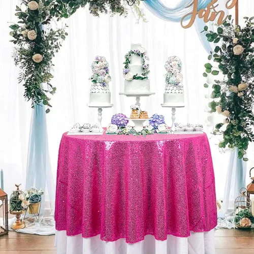 Vista 8 de ShinyBeauty Mantel de lentejuelas rosa intenso, superposición redonda brillante de 120 pulgadas para decoración de bodas, fiestas de cumpleaños