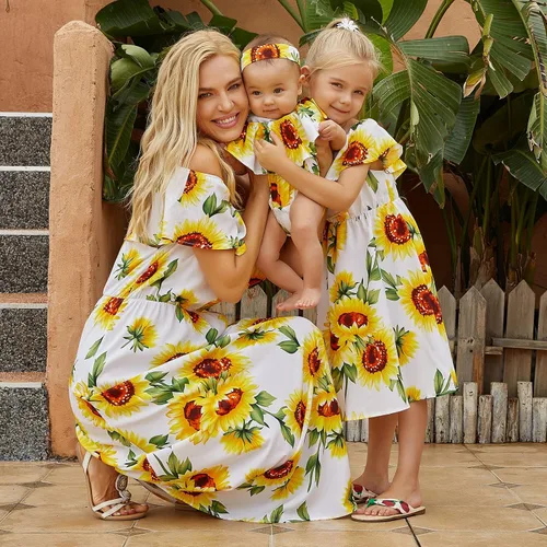 Vista 4 de PopReal - Vestidos con estampado floral a juego para madre e hija, de gasa, con volantes, manga corta, para la playa, con diadema, con tira de tela