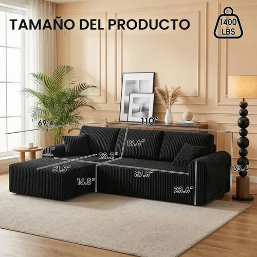 Vista 2 de Sofá modular Cloud de 104 pulgadas con diván en forma de L, sofás tapizados modernos con asiento profundo, sofá comprimido de esponja de pana