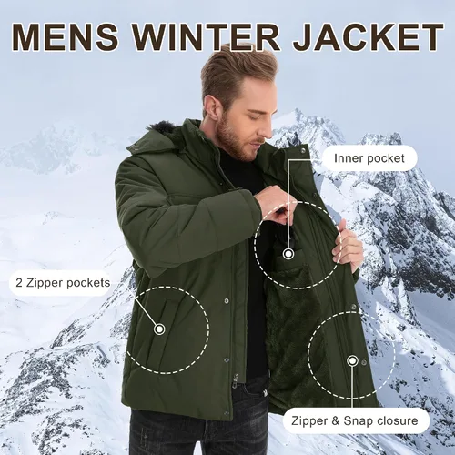 Vista 6 de CHEXPEL Abrigo de invierno para hombre, chaqueta de parka hinchada con capucha de piel, impermeable y resistente al viento, largo con forro polar