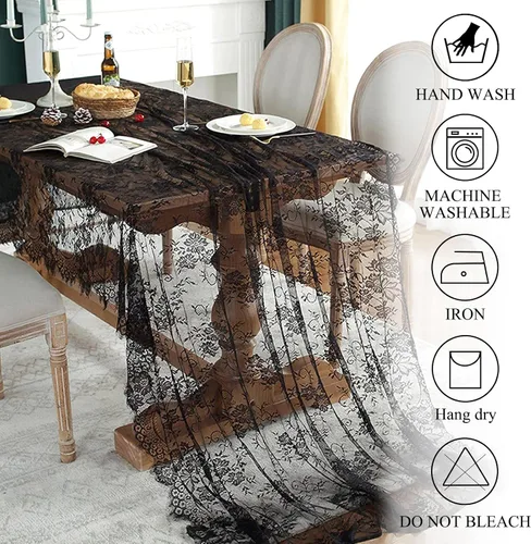Vista 7 de ShinyBeauty Mantel de encaje rectangular de 60 x 120 pulgadas, mantel de encaje negro rústico floral con superposiciones de encaje vintage, mantel