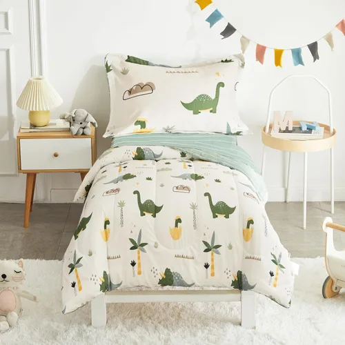 Vista 7 de Joyreap Juego de ropa de cama de algodón de 4 piezas para niños y niñas, diseño reversible con temática de dinosaurios, color crema y naranja