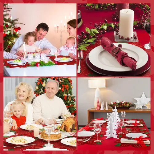 Vista 5 de Yingzhao Juego de 6 manteles individuales de Navidad con poinsettia bordados de doble capa con aplicación de flores rojas de Navidad para decoración