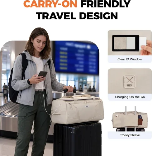 Vista 4 de Mochila de lona resistente al agua 40L con compartimento para zapatos y bolsillo húmedo Beige