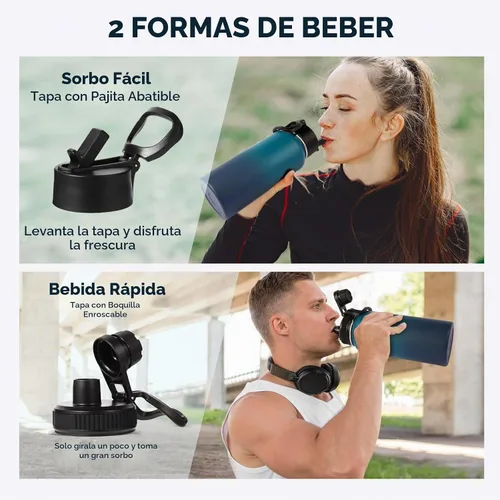 Vista 4 de Neihepal Botellas de agua aisladas de 32 onzas con 2 tapas (tapa con popote y boquilla), botella de agua de doble pared de acero inoxidable 18/8