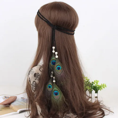 Vista 4 de Gortin Diademas de plumas bohemias de plumas indias marrones tocado hippie diadema bohemia para festivales fiesta accesorio para el cabello