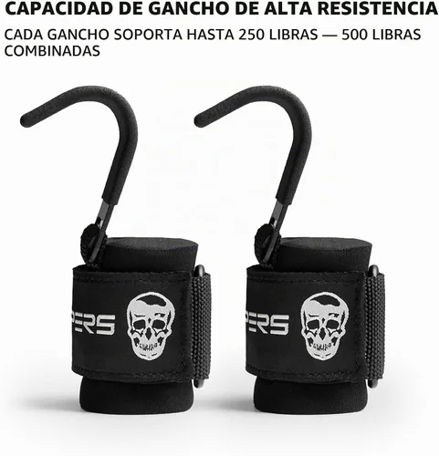 Vista 5 de Ganchos para levantamiento de pesas Gymreapers (par), correas de muñeca de potencia resistentes con soporte de agarre para la mano