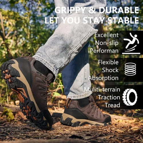 Vista 6 de SHULOOK Botas de senderismo impermeables para hombre, ligeras, antideslizantes, al aire libre, botas de tobillo transpirables, senderismo