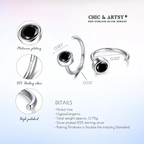 Vista 5 de Aretes de aro de plata de ley 925 con piedras preciosas sintéticas, ópalo, turquesa, piedra lunar, circonita cúbica, para mujer, diseño minimalista